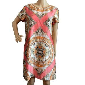 Julian Taylor Shift Shirt Dress Coral Orange Black and White Pattern Size 10